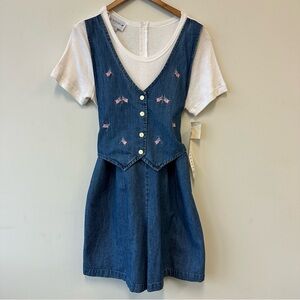 Quirky Vintage Denim Romper with White Top and Tie Back Vest